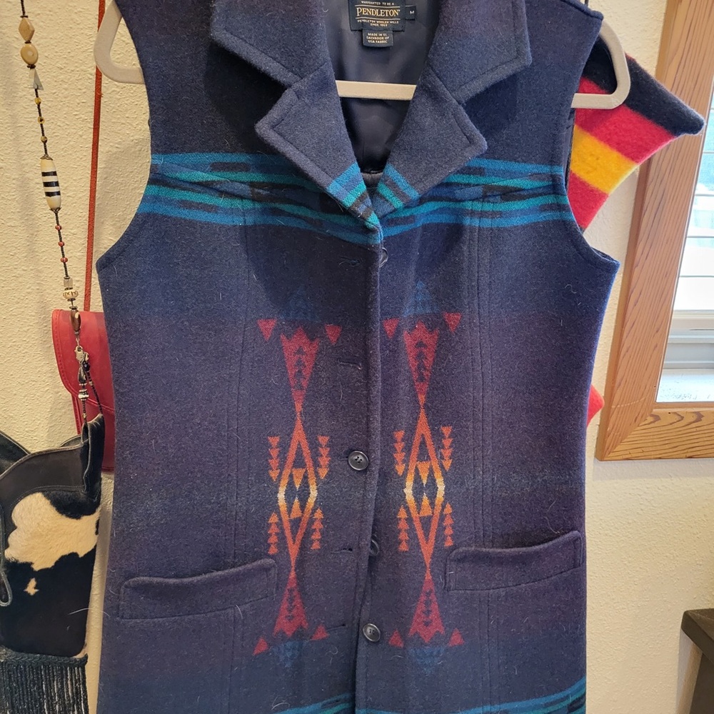 Pendleton Long Wool Vest.  Navy blue with colorful blanket-style pattern.